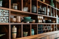 Rustic kitchenware on wooden shelves Product Image 1