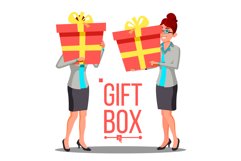 Business Woman Holding Red Gift Box Vetor. Holidays Present Product Image 1
