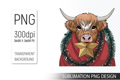 Cute Christmas Highland Cow , Animal Sublimation Clipart PNG Product Image 1