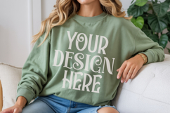 Military Green Gildan 18000 Mockup, Sweatshirt Crewneck Mock Product Image 1