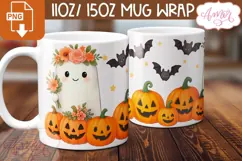 Cute Halloween mug wrap PNG, Cute ghost and pumpkins png Product Image 3