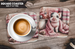 Cute Pig, Farm Animals, Buffalo Plaid Square Coaster PNG Product Image 1