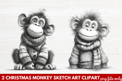 Christmas Monkey Sketch Art Clipart | Hand-Drawn Holiday Product Image 1