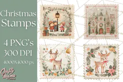 Vintage Christmas Stamp Clipart PNG Watercolor Product Image 1