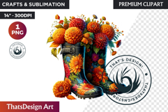 Autumn Floral Rain Boots PNG, Fall Flower in Wellies Clipart Product Image 1