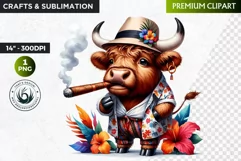 Cuban Highland cow Clipart, summer Highland calf, cigar PNG Product Image 1