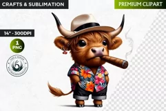 Cuban Highland cow Clipart, summer Highland calf, cigar PNG Product Image 1