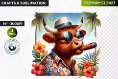 Cuban Highland cow Clipart, summer Highland calf, cigar PNG Product Image 1