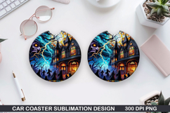 Houses Car coaster sublimation, Halloween Coaster PNG Design Product Image 1