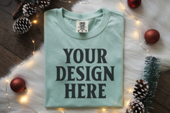 Seafoam Comfort Colors 1717 Christmas Folded T-Shirt Mockup Product Image 1