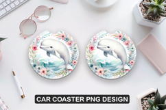 Dolphin Flower Car Coaster Sublimation| Animal Coaster PNG Product Image 1