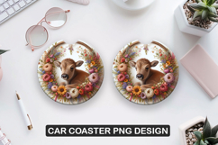 Floral Cow Car Coaster Sublimation| Animal Coaster PNG Product Image 1