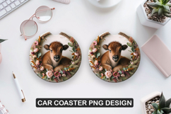 Floral Cow Car Coaster Sublimation| Animal Coaster PNG Product Image 1