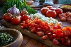 Chopping fresh red tomatoes and onions on rustic wooden cutt Product Image 1