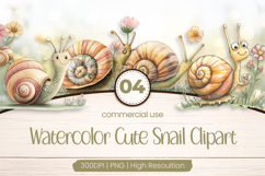 Watercolor Cute Snail Clipart PNG Product Image 1