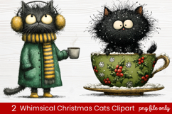 2 Whimsical Christmas Cats Clipart | Cute Festive Cat PNG Product Image 1