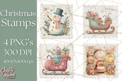 Vintage Christmas Stamp Clipart PNG Watercolor Product Image 1