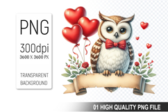 Cute Owl Clipart PNG, Valentine&#039;s Day Animal PNG File Product Image 1