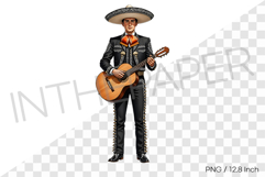 Young Mexican mariachi man holding acoustic guitar PNG art Product Image 1