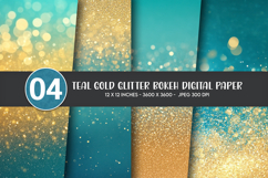 Teal Gold Glitter Bokeh Digital Paper Product Image 1