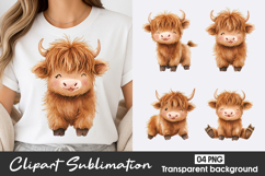Cute Baby Highland Cow Watercolor Clipart Sublimation PNG Product Image 1