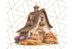 Fall Barn Clipart PNG With Pumpkins and Flowers, Autumn Png Product Image 3