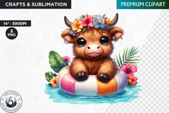 Summer Highland cow Clipart,tropical Highland cow PNG, beach Product Image 1