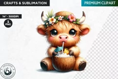 Summer Highland cow Clipart,tropical Highland cow PNG, beach Product Image 1