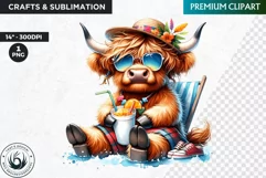 Summer Highland cow Clipart,tropical Highland cow PNG, beach Product Image 1