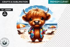 Summer Highland cow Clipart,tropical Highland cow PNG, beach Product Image 1