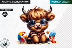 Summer Highland cow Clipart,tropical Highland cow PNG, beach Product Image 1