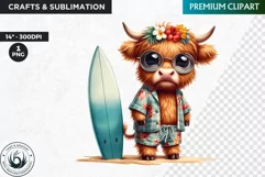 Summer Highland cow Clipart,tropical Highland cow PNG, beach Product Image 1