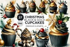 Black &amp; Gold Christmas Cupcakes Clipart PNG Bundle Product Image 1