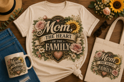 Mom The Heart of the Family PNG | Sunflower Mom Sublimation Product Image 1