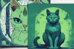Green Halloween Creepy Cat Digital Paper, Witchy Cat Product Image 3