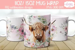 Highland cow mug wrap PNG Sublimation | Floral mug PNG Product Image 1