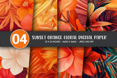Sunset Orange Floral Digital Paper Product Image 1