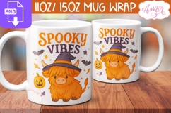 Spooky vibes mug wrap PNG, Cute Halloween highland cow mug Product Image 1