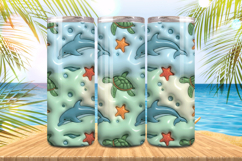 3D Puff Dolphin, Turtle Summer Tumbler Wrap PNG Sublimation Product Image 1
