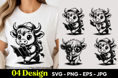 Cute Highland Cow Student Cartoon SVG PNG Product Image 1