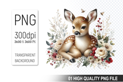 Floral Deer Clipart PNG, Watercolor Animal with Flowers Product Image 1