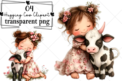 Whimsical Girl Hugging Cow Clipart Watercolor PNG Product Image 1