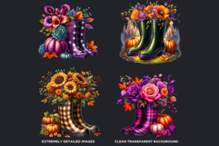 Autumn Floral Rain Boots PNG, Fall Flower in Wellies Clipart Product Image 3
