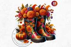 Autumn Floral Rain Boots PNG, Fall Flower in Wellies Clipart Product Image 4