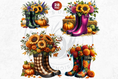 Autumn Floral Rain Boots PNG, Fall Flower in Wellies Clipart Product Image 5