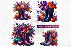 Autumn Floral Rain Boots PNG, Fall Flower in Wellies Clipart Product Image 6
