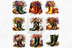 Autumn Floral Rain Boots PNG, Fall Flower in Wellies Clipart Product Image 7