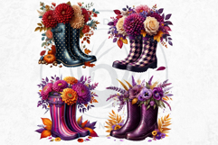 Autumn Floral Rain Boots PNG, Fall Flower in Wellies Clipart Product Image 8