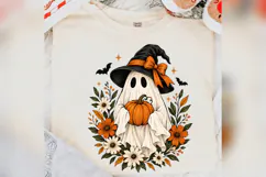 Halloween Ghost PNG, Cute Witch Ghost Pumpkin Floral Design Product Image 3