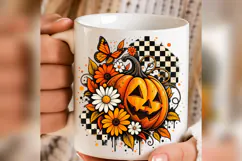 Floral Pumpkin Halloween PNG, Checkered Jack O Lantern Product Image 5